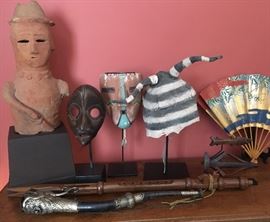 Pre-Columbian style figure; African Mask; Mexican Mask; Headdress; Musical instrument; Horn; Painted Fan