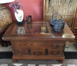Hibache/Table from Exotic Wood; Satsuma Vase; iron teapots