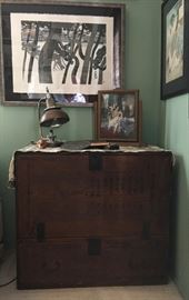 Japanese Chest; above: Junchiro Sekino  (1914-1985), "Chiyru", (Roadside Pine Trees)  12.75" X18 Japanese Wood Block Print