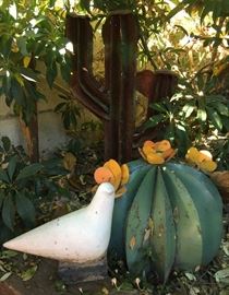 Metal Cactus and Dove Sculpture