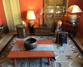 Older Japanese Lacquer Table; Hibachi Table with 2 Iron Tea Pots; Lacquer Tub; Hexagonal Lamp Table; Glass-Top Highly Polished, Sculptural-style  Lamp Table; 2 Artisan Base Table Lamps 