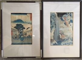 Left: Utagawa Hiroshige, 1797-1858, Wood Block Print, 14"x9.5"; Right: Katsushika Hokusai, 1760-1849, Wood Block Print, 14"x9.5".