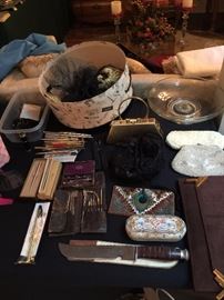 KY Derby hat, evening purses, Doctor tools, pens