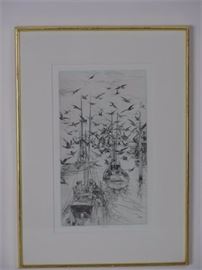 Signed Etching of Boats with Birds