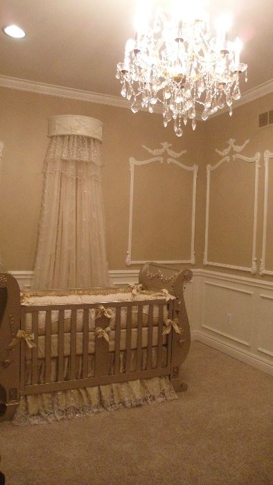 Bratt Decor Chelsea Sleigh Crib in Antique Silver with custom angel details, Chelsea Dresser with Changing Table with custom angel details, 2 - Chelsea nightstands, Custom Posh Tots bedding,  Custom Bed Crown and Lace Sheers.  Amazing Nursery Set a beautiful gender neutral set!!!