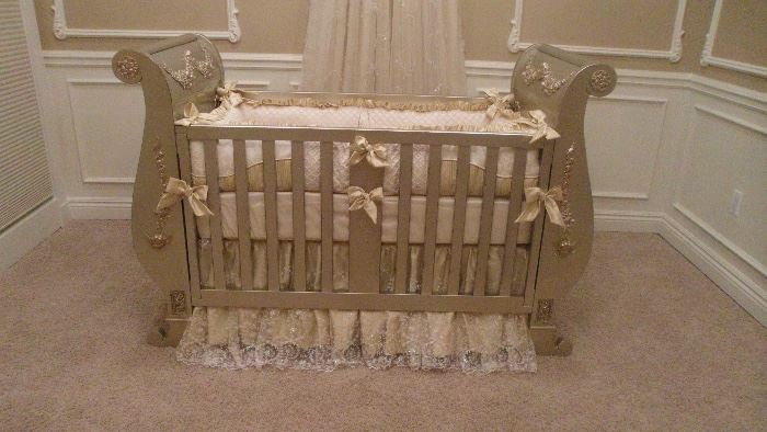 Bratt Decor Chelsea Sleigh Crib in Antique Silver with custom angel details, Chelsea Dresser with Changing Table with custom angel details, 2 - Chelsea nightstands, Custom Posh Tots bedding,  Custom Bed Crown and Lace Sheers.  Amazing Nursery Set a beautiful gender neutral set!!! All items originally $8,000 now only $5,000 for all items