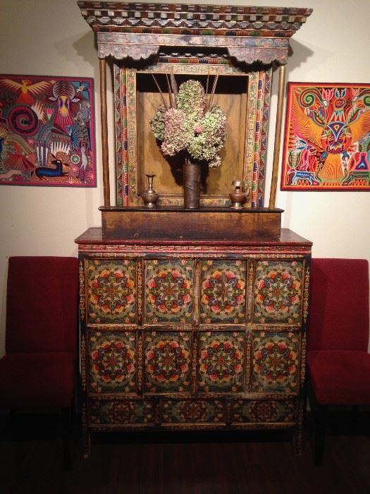 19th Century Tibetan large temple cabinet with altar atop with colorful mandala painting