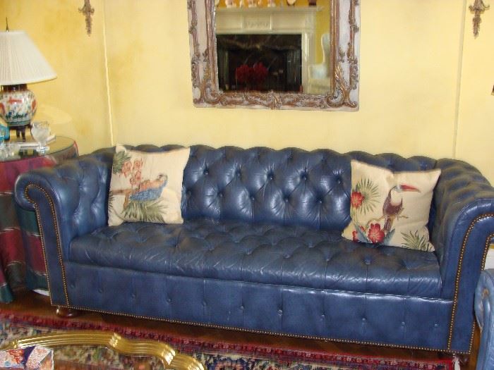 Chesterfield blue leather tufted sofas