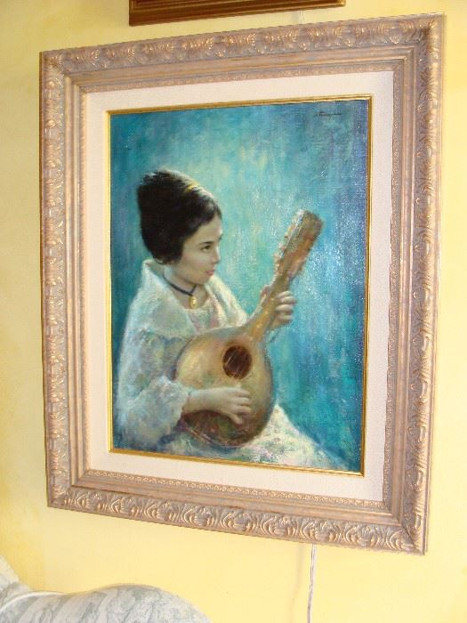 Richard Earl Thompson original oil on canvas "GIRL WITH LUTE" 18" X 24" ca 1965