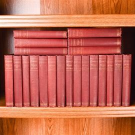 "The Works Of James Fenimore Cooper" Mohawk Edition: A 21-volume collection of The Works Of James Fenimore Cooper. This set of Mohawk Edition books includes the titles The Pilot, Red Rover, Headman, New Myers, and others. Each is bound in dark red cloth with gilt lettering to the front cover and spines. The frontispiece in each volume is tissue-guarded, and the top text edges are gilt.