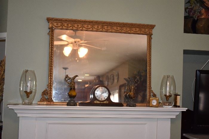 Beautiful Over Mantle Gold Gild Framed Mirror, Napoleon Style Mantle Clock, Crystal Vases and More!