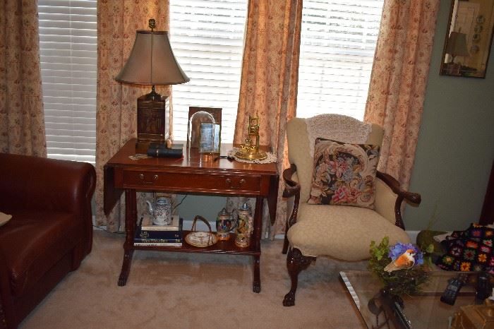 Chippendale Style Arm Chair with Upholstered Back and Seat, Scrolled Arms with Chippendale Feet, Antique Display Table with Oriental Style Table Lamp, Steins, etc.