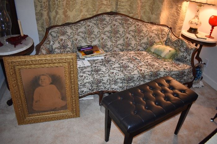 Lovely Antique Victorian Sofa, Gold Gild Antique Portrait, Tufted Bench and a glimpse of Marble Topped  Tables