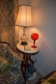 Marble Topped End Table with Vintage Lamp, Pedestal Vase, etc.
