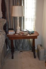 Antique Table currently used as Side Table for Bed with 1 of 2 Matching Vintage Alabaster Table Lamps