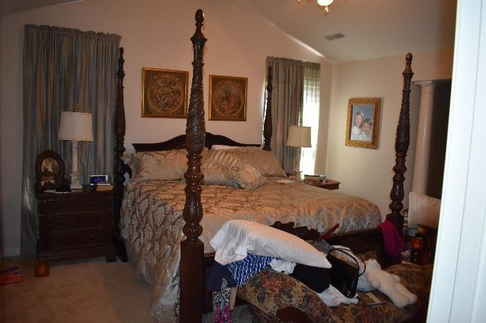 Gorgeous 4 Poster King Size Bed with Matching Mirrored Dresser, Magnificent Chest, and End Table