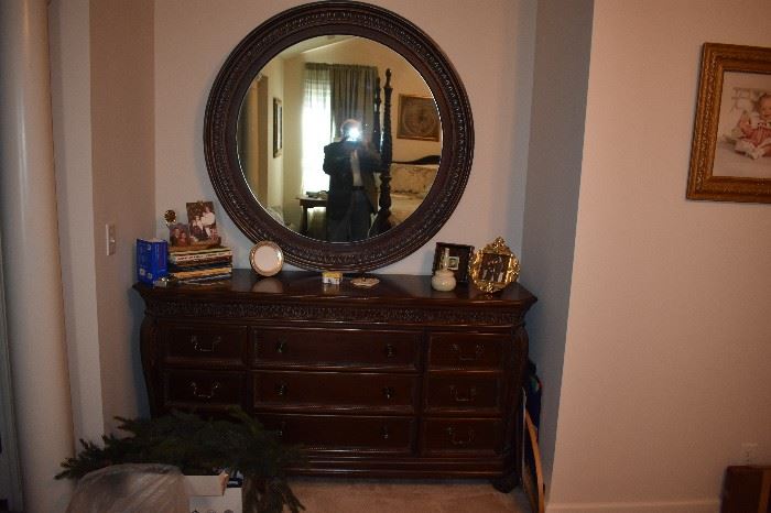 Beautiful large Carved Dresser with Circular Mirror, Gorgeous 4 Poster King Size Bed, Magnificent Chest,and End Tables