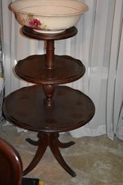 Antique Duncan Phyfe 3 Tier Occasional Table pictured with Antique Porcelain Wash Bowl