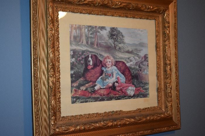 Antique Gold Gild Framed LIthograph of Victorian Girl and her Dog