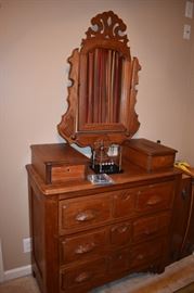 Beautiful and Unusual Antique Dresser with Carved Mirror and Handles