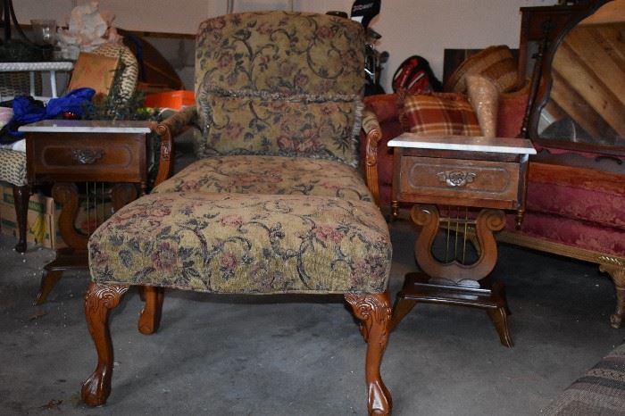 Antique Chippendale Style Upholstered Chair and Matching Footstool