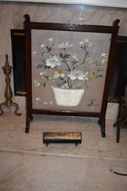 Beautiful Antique Oriental Style Fireplace Screen with Antique Metal Match Box below the Screen