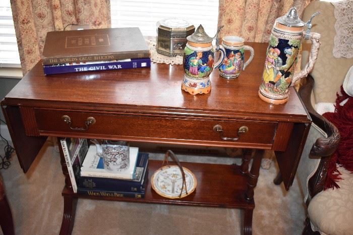 Beautiful Antique Mahagony Occasional Table with Drawer, Shelving Unit on Base and Drop Leaf Sides!