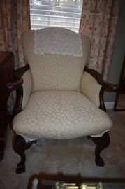 Gorgeous Antique Claw Footed Upholstered Chair with Highly Carved Legs and Arms!