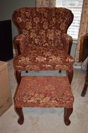 Gorgeous Antique Chair with Tufted Fold Back, Footstool, with Queen Anne Style Legs