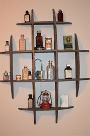 Unique Wall Shelf with Antique Pharmaceutical Bottles