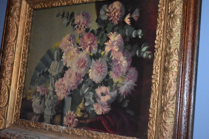 Beautiful Floral Oil Painting Framed in Antique Gold Gild Frame