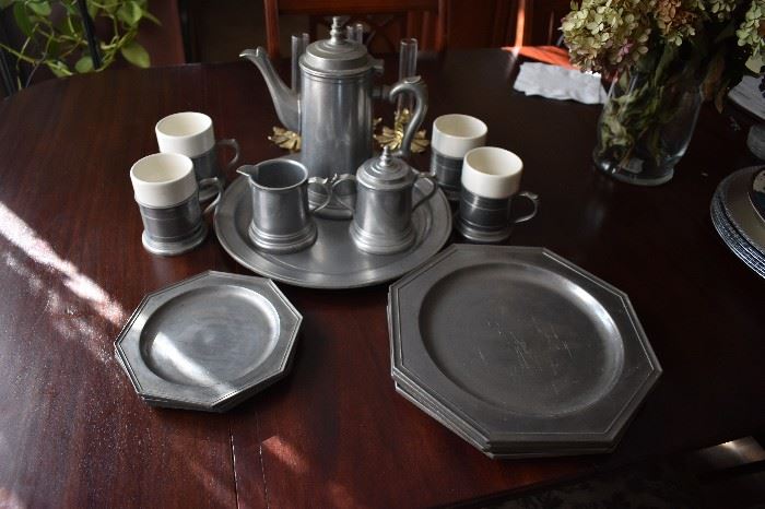 Vintage Pewter Tea Set complete with Server, Teapot, Sugar & Creamer, Cups & Saucers, 2 Sizes of Plates - Duratale by Leonard