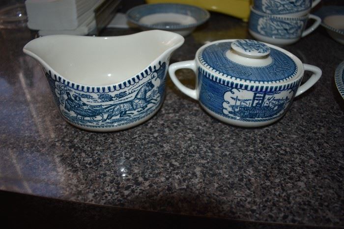 Currier and Ives China set service for 8 featuring the Sugar and Creamer