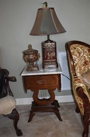 Marble Top Lyre Table with Metal Based Oriental Lamp also lidded Urn on Pedestal