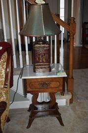 Marble Top Lyre Table with Metal based Oriental Lamp