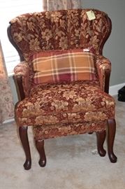 Gorgeously Upholstered Queen Anne Chair and Ottoman 