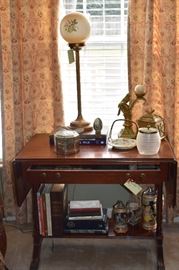 On and Under Table is Brass Table Lamp, Glass Biscuit Barrel, Porcelain Basket and More!