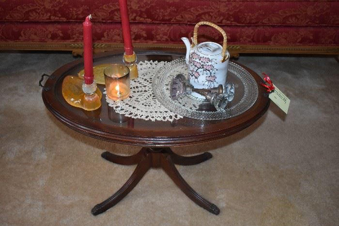 Oval Duncan Phyfe Table with possible Vaseline Glass matching Candle Holders featuring a pair of Parakeets on each Holder