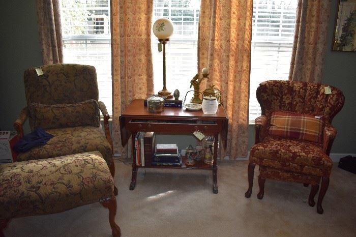 Beautiful Scene with Victorian Style Chairs, Drop Leaf Table with Drawer and Shelf Bottom and More!