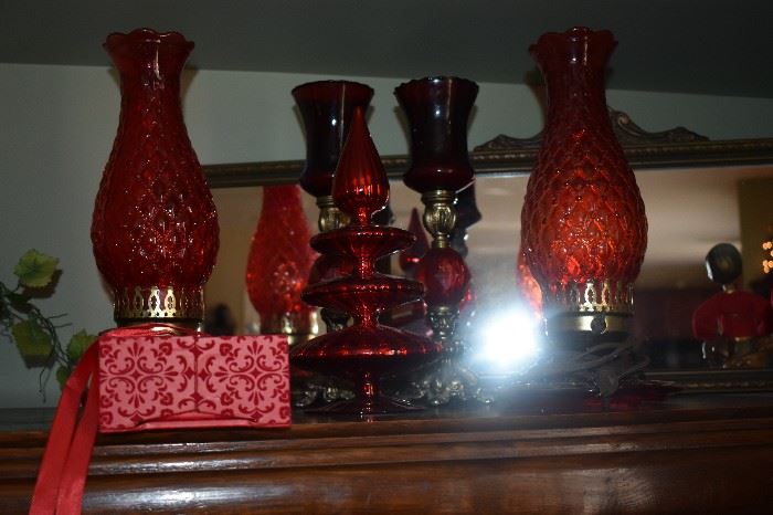 Gorgeous Holiday Reds Adorn these Lanterns and Candle Holders plus the Red Glass Christmas Tree