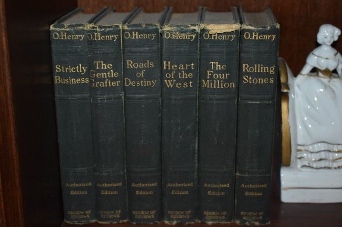 O. Henry Antique Books 12 in all with Victorian Porcelain Figurine Bookends