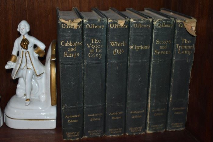 O. Henry Antique Books 12 in all with Victorian Porcelain Figurine Bookends