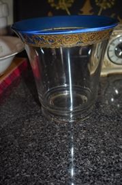 Large Vintage Glass Vase with Gold Enamel and Blue Trim - handpainted