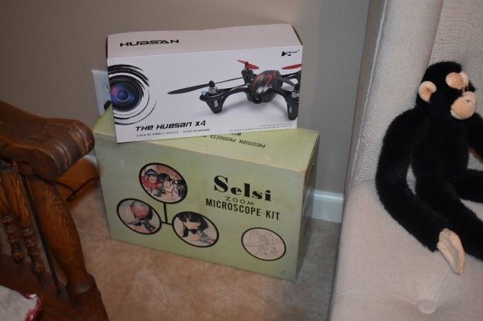 New Drone with Camera and Vintage 1200x Selse Microscope Kit complete with Jars of Specimens, Slides, and Instructions