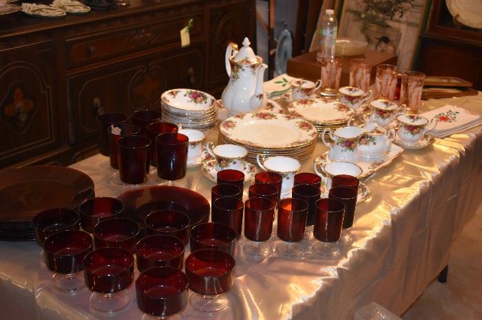 Wow! Ruby Red Glassware and Old Country Roses China