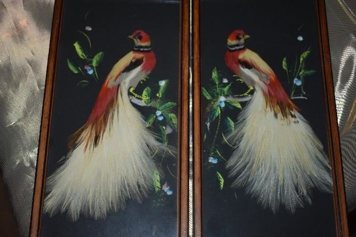 Pair of Gorgeous Silk Bird Feather Art