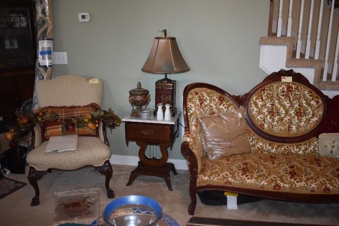 Lovely Upholstered Chippendale Style Chair, Lyre Based Marble Top Table, Table Lamps and more!