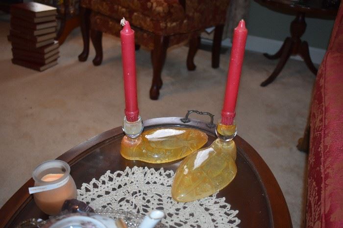Antique Glass Candleholders appear to be Vaseline Glass with a Pair of Parakeets designed on each Candleholder ( Gorgeous they are! )