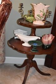 Antique 2 Tiered Duncan Phyfe Table with Scalloped Edging filled with Hull, McCoy, USA, etc.