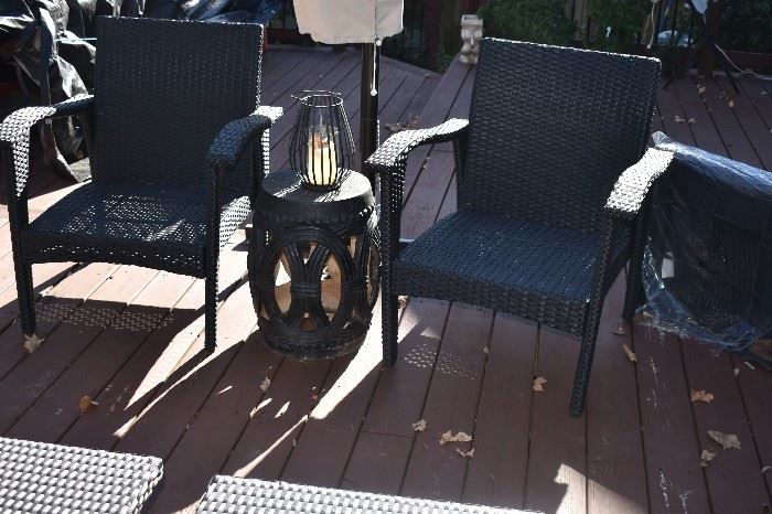 Patio Set complete with new cushions just purchased in June features 2 settees with 2 occasional tables, 4 chairs and more! in Awesome condition!